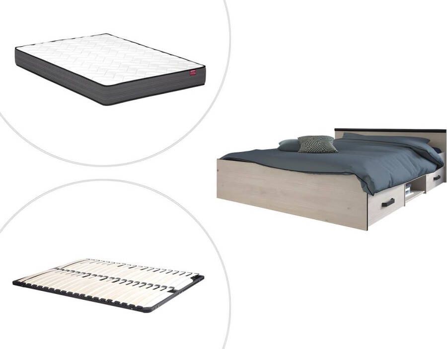 Vente-unique Bed met opbergruimte 140 x 190 cm 2 lades en 1 opbergvak houtlook + onderbed + matras PABLO L 145.8 cm x H 58.9 cm x D 193 cm - Foto 4