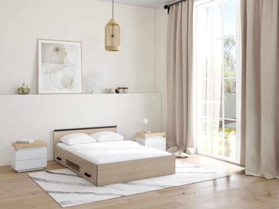 Vente-unique Bed met opbergruimte 140 x 190 cm 2 lades en 1 opbergvak houtlook + onderbed + matras PABLO L 145.8 cm x H 58.9 cm x D 193 cm