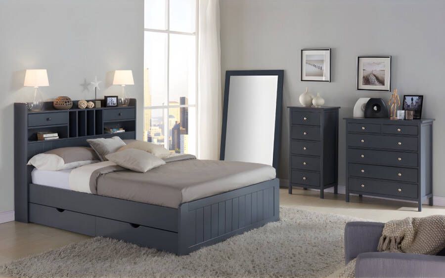 Vente-unique Bed met opbergruimte 140 x 190 cm Dennenhout Antracietgrijs + Bedbodem MEDERICK L 211.2 cm x H 115.6 cm x D 148 cm - Foto 3