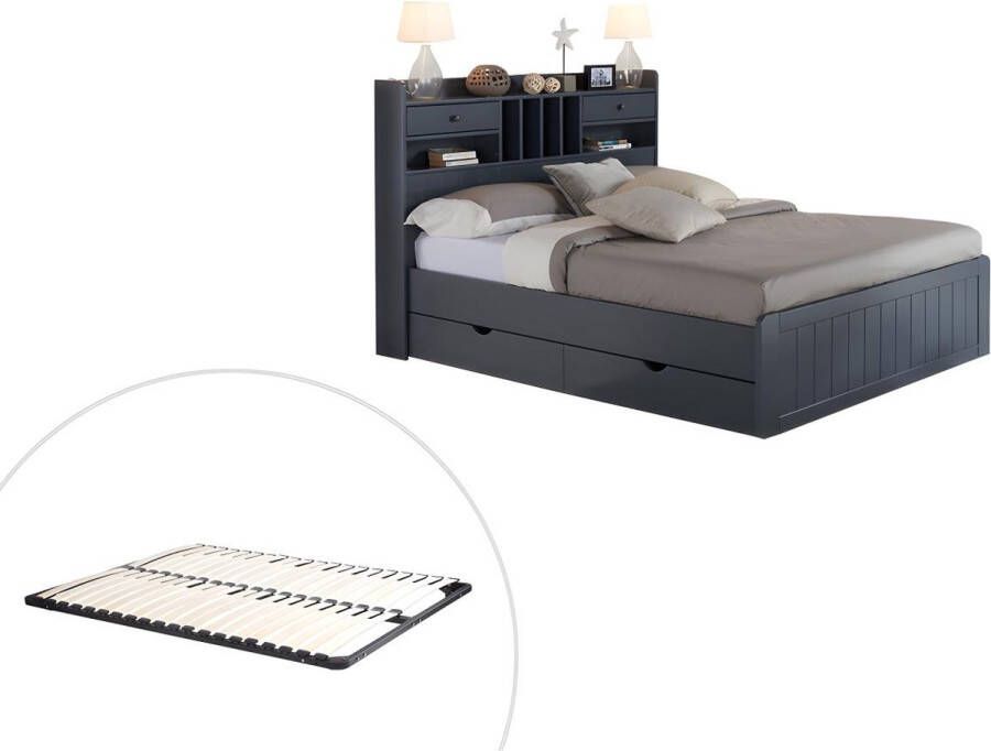 Vente-unique Bed met opbergruimte 140 x 190 cm Dennenhout Antracietgrijs + Bedbodem MEDERICK L 211.2 cm x H 115.6 cm x D 148 cm