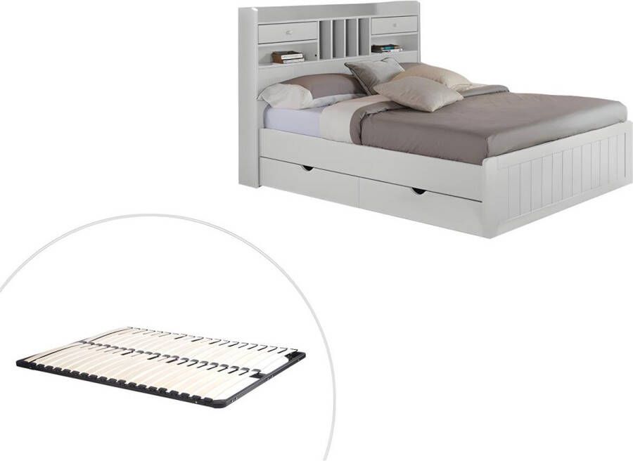 Vente-unique Bed met opbergruimte 140 x 190 cm Dennenhout Wit + Bedbodem MEDERICK L 211.2 cm x H 115.6 cm x D 148 cm - Foto 3