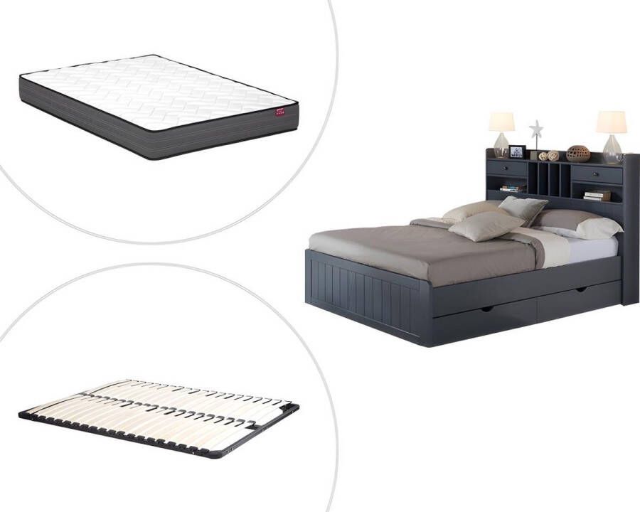 Vente-unique Bed met opbergruimte 140 x 190 cm Grenen Antraciet + bedbodem + matras MEDERICK L 211.2 cm x H 115.6 cm x D 148 cm