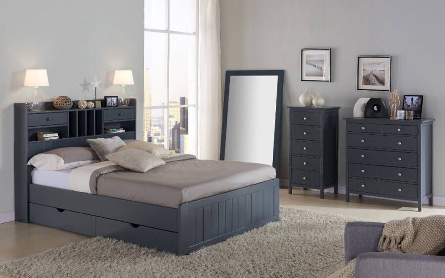 Vente-unique Bed met opbergruimte 140 x 190 cm Grenen Antraciet + bedbodem + matras MEDERICK L 211.2 cm x H 115.6 cm x D 148 cm - Foto 4