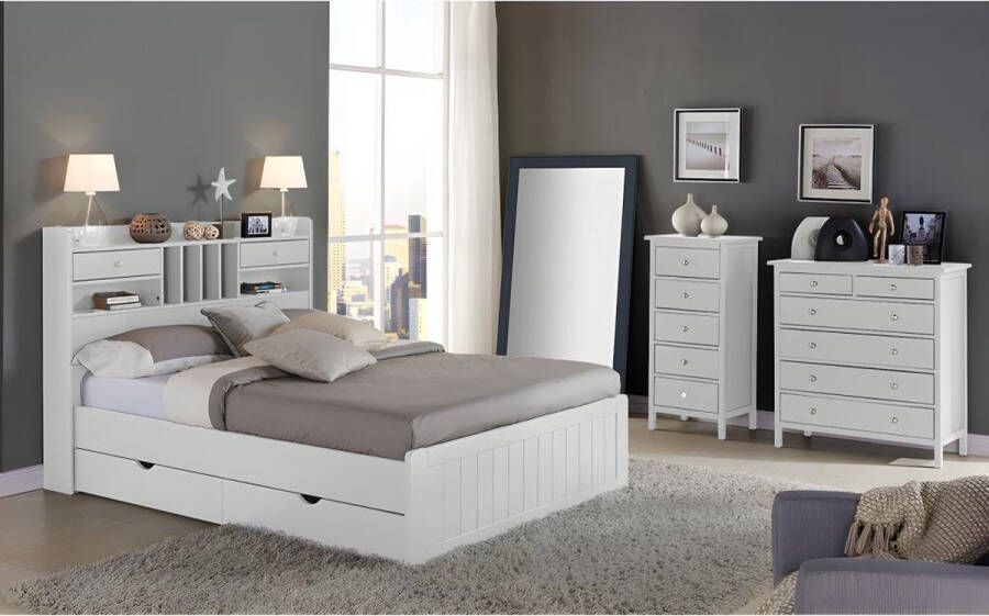 Vente-unique Bed met opbergruimte 140 x 190 cm Grenen Wit + bedbodem + matras MEDERICK L 211.2 cm x H 115.6 cm x D 148 cm - Foto 4