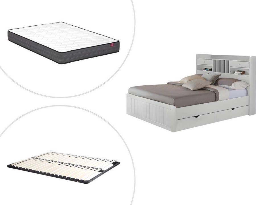 Vente-unique Bed met opbergruimte 140 x 190 cm Grenen Wit + bedbodem + matras MEDERICK L 211.2 cm x H 115.6 cm x D 148 cm - Foto 5