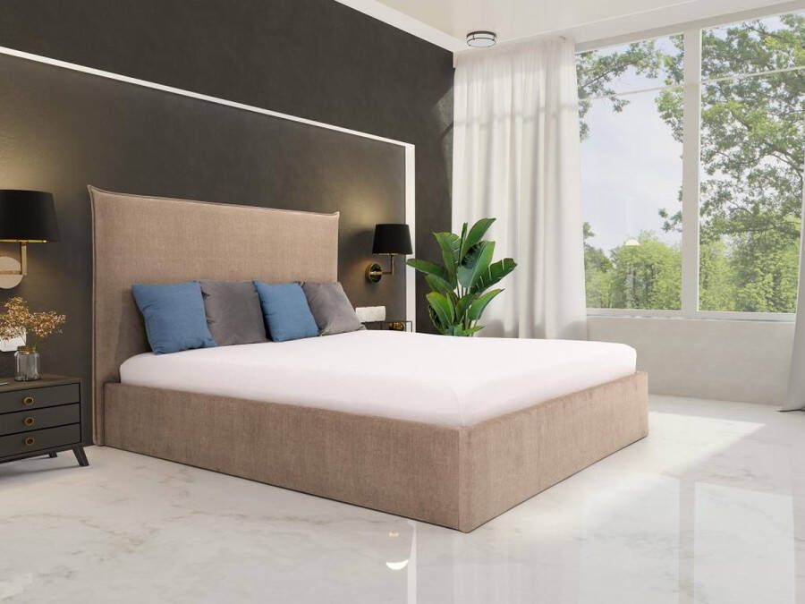 Pascal Morabito Bed met opbergruimte 140 x 200 cm Velours Beige + matras SORYO L 160 cm x H 125 cm x D 214 cm - Foto 2