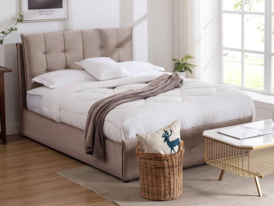 Bed met opbergruimte 140 x 200 cm Velours Beige OLERIA L 155 cm x H 116 cm x D 213 cm