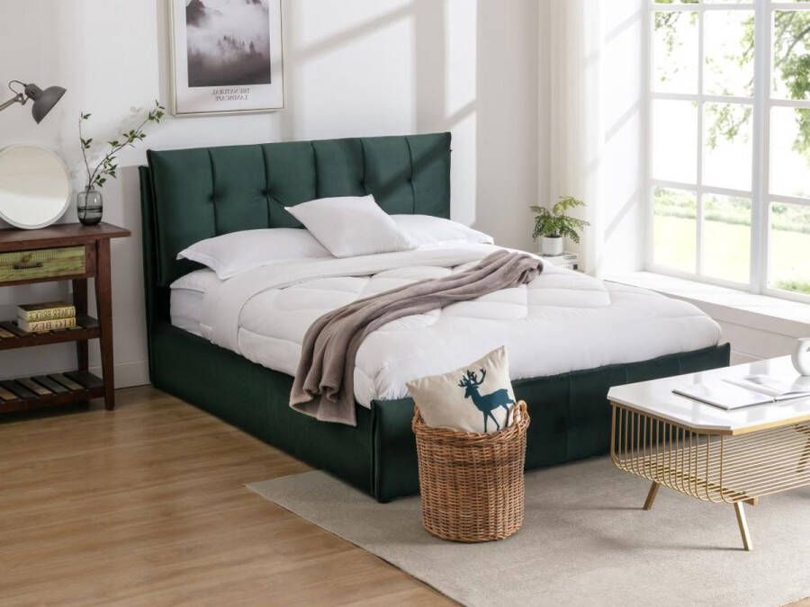 Bed met opbergruimte 140 x 200 cm Velours Groen + matras OLERIA L 155 cm x H 116 cm x D 213 cm - Foto 3