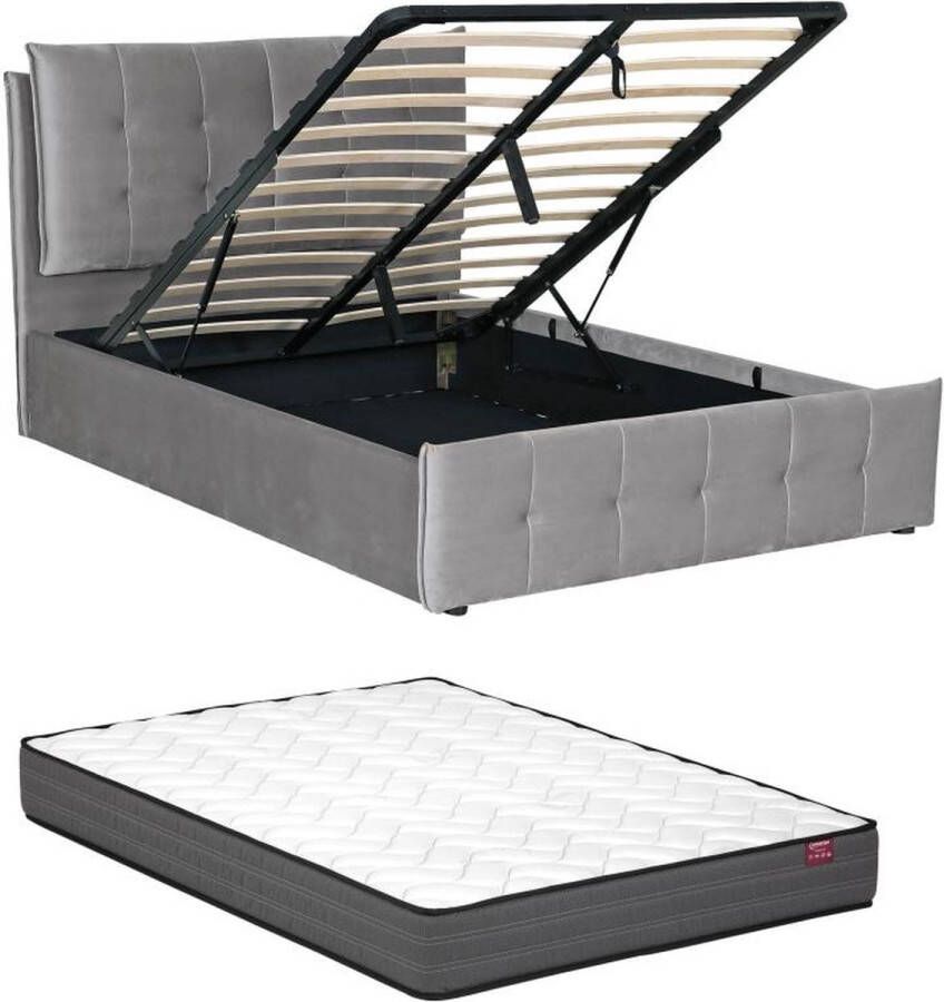 Bed met opbergruimte 140 x 200 cm Velours Lichtgrijs + matras OLERIA L 155 cm x H 116 cm x D 213 cm