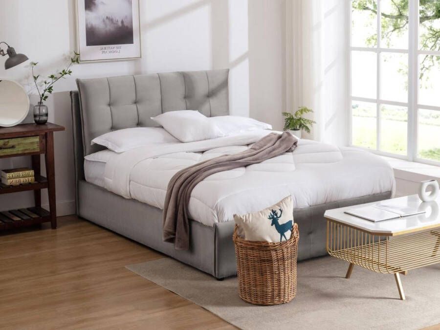Bed met opbergruimte 140 x 200 cm Velours Lichtgrijs + matras OLERIA L 155 cm x H 116 cm x D 213 cm - Foto 1