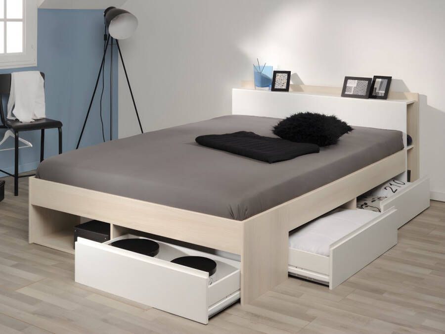 Bed met opbergruimte 140 x 200 cm wit en naturel + bedbodem + matras DEBAR L 220 cm x H 79 cm x D 150 cm - Foto 2