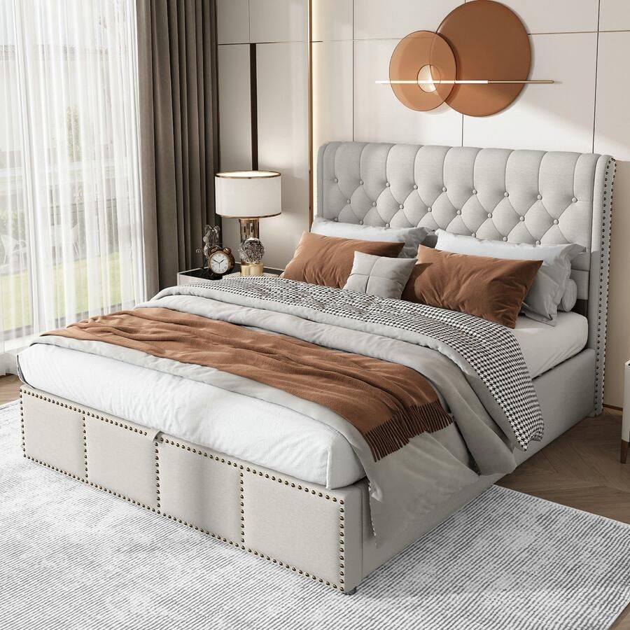 Bed met opbergruimte 140x200 cm met geklonken decoratie volwassen bed met lattenbodem gestoffeerd bed in katoen en linnen grijs(Matras niet inbegrepen)