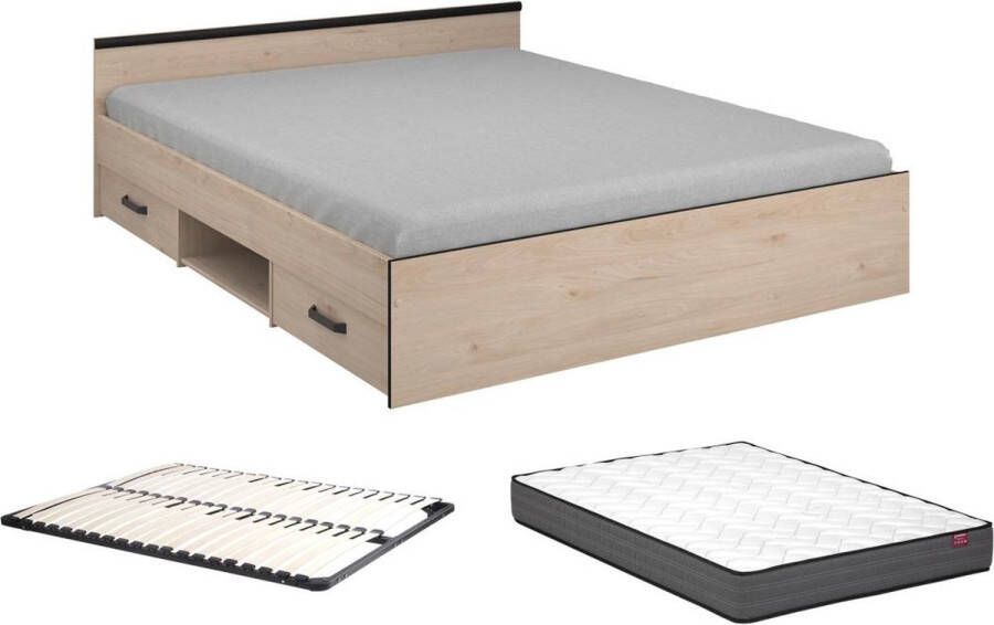 Bed met opbergruimte 160 x 200 cm 2 laden en 1 nis naturel + bedbodem + matras PABLO L 166 cm x H 59 cm x D 203 cm