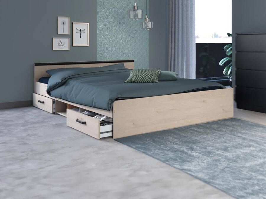 Bed met opbergruimte 160 x 200 cm 2 laden en 1 nis naturel + bedbodem PABLO L 166 cm x H 59 cm x D 203 cm