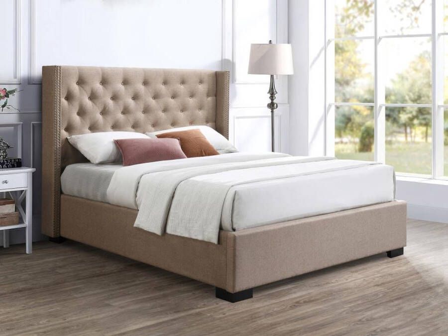 Bed met opbergruimte – 160 x 200 cm – Met gecapitonneerd hoofdbord – Stof – Beige MASSIMO L 177 cm x H 142.5 cm x D 214.5 cm - Foto 2