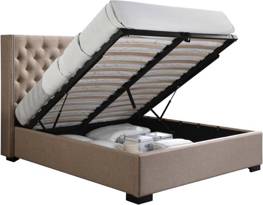 Bed met opbergruimte – 160 x 200 cm – Met gecapitonneerd hoofdbord – Stof – Beige MASSIMO L 177 cm x H 142.5 cm x D 214.5 cm - Foto 1