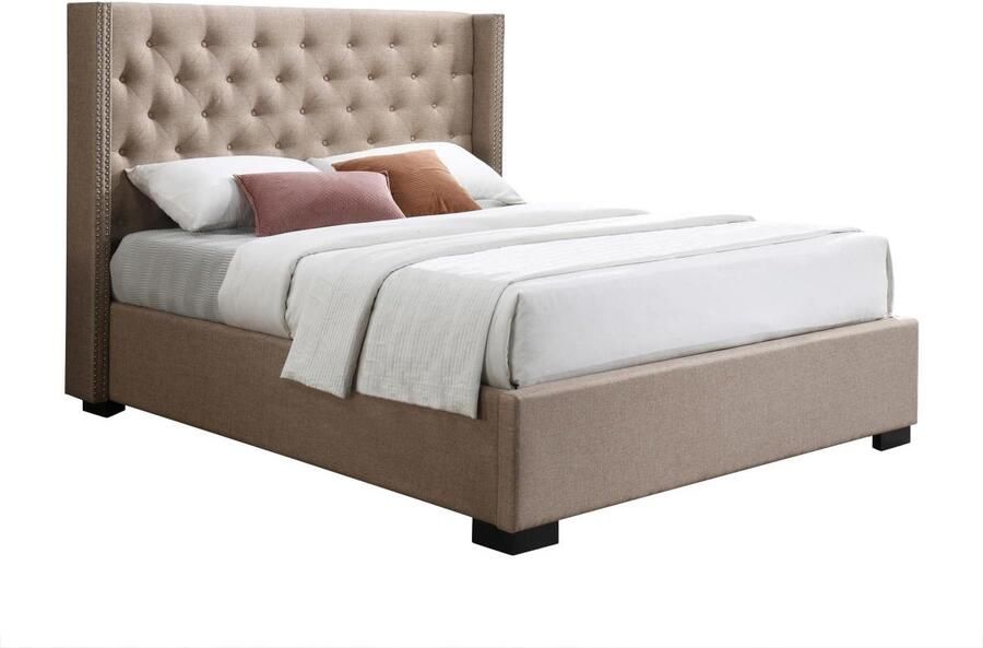 Vente-unique Bed met opbergruimte – 160 x 200 cm – Met gecapitonneerd hoofdbord – Stof – Beige MASSIMO L 177 cm x H 142.5 cm x D 214.5 cm - Foto 3