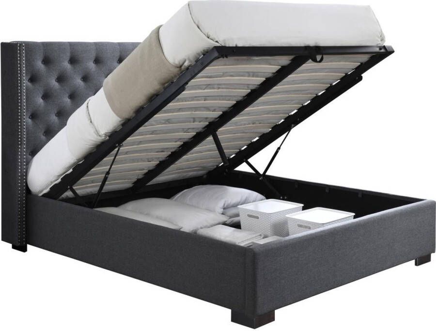 Vente-unique Bed met opbergruimte – 160 x 200 cm – Met gecapitonneerd hoofdbord – Stof – Grijs – MASSIMO L 177 cm x H 142.5 cm x D 214.5 cm - Foto 2