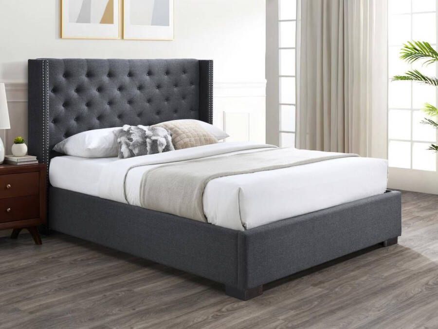 Vente-unique Bed met opbergruimte – 160 x 200 cm – Met gecapitonneerd hoofdbord – Stof – Grijs – MASSIMO L 177 cm x H 142.5 cm x D 214.5 cm