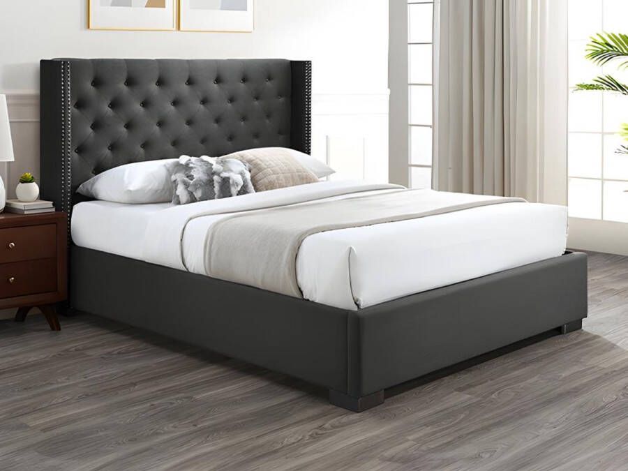 Bed met opbergruimte – 160 x 200 cm – Met gecapitonneerd hoofdbord – Stof – Grijs – Met matras – MASSIMO L 177 cm x H 142.5 cm x D 214.5 cm