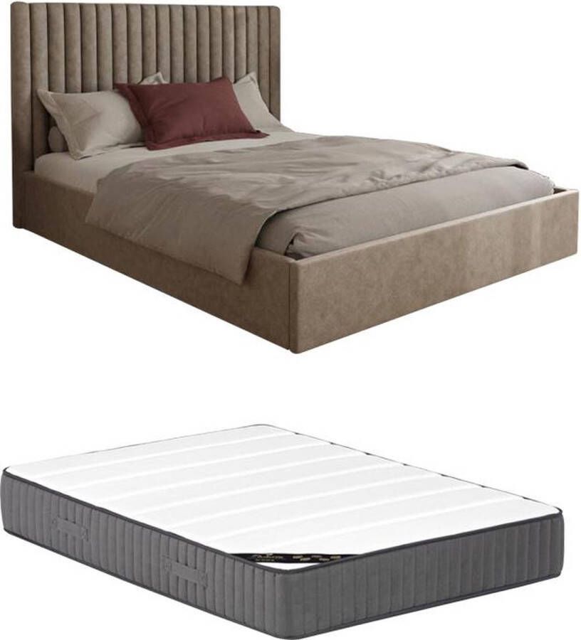 Bed met opbergruimte 160 x 200 cm met hoofdeinde met verticale stiksels Stof Beige + matras SARAH L 170 cm x H 120 cm x D 214 cm - Foto 3