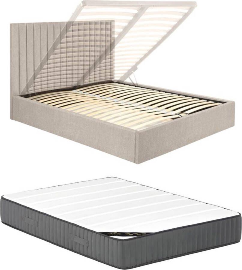 Bed met opbergruimte 160 x 200 cm met hoofdeinde met verticale stiksels Stof Beige + matras SARAH L 170 cm x H 120 cm x D 214 cm