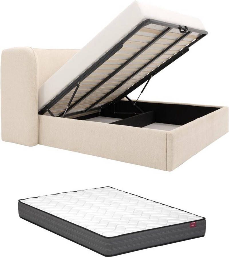 Bed met opbergruimte 160 x 200 cm met ingekeept hoofdbord Met ledverlichting Stof Beige + matras STOKALI L 200 cm x H 113 cm x D 215 cm