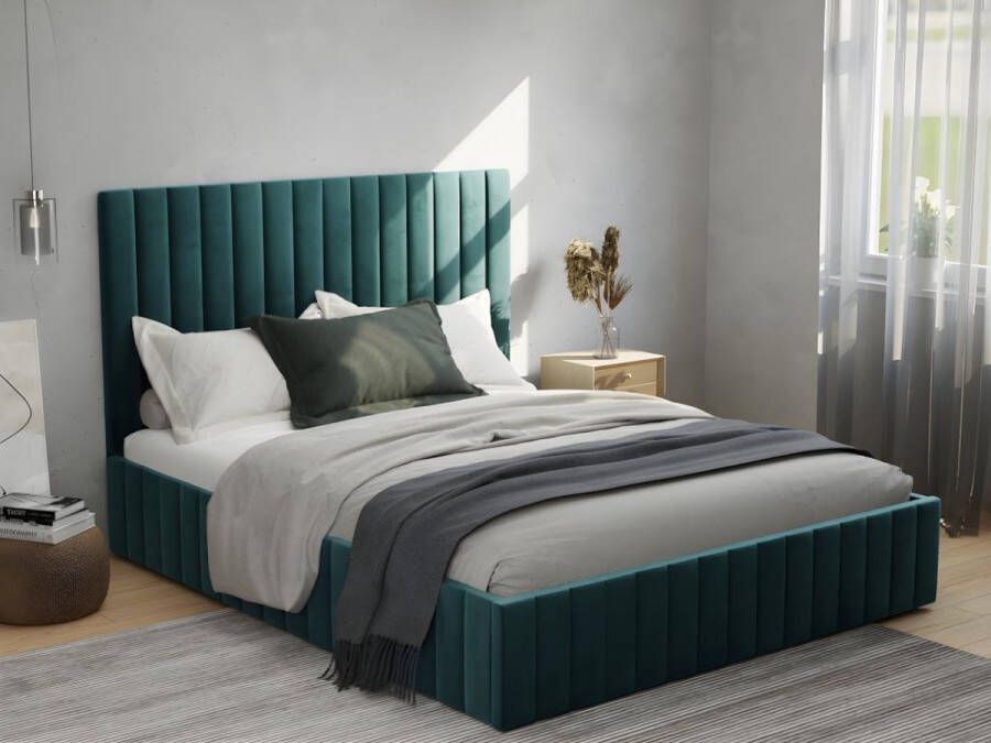 Bed met opbergruimte 180 x 200 cm met hoofdbord met verticale stiksels Velours Groenblauw + matras LARALI L 194 cm x H 120 cm x D 215 cm