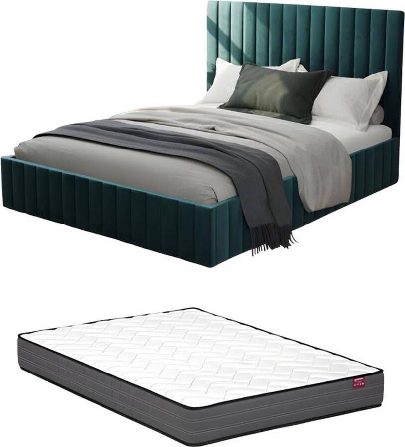 Bed met opbergruimte 180 x 200 cm met hoofdbord met verticale stiksels Velours Groenblauw + matras LARALI L 194 cm x H 120 cm x D 215 cm - Foto 2