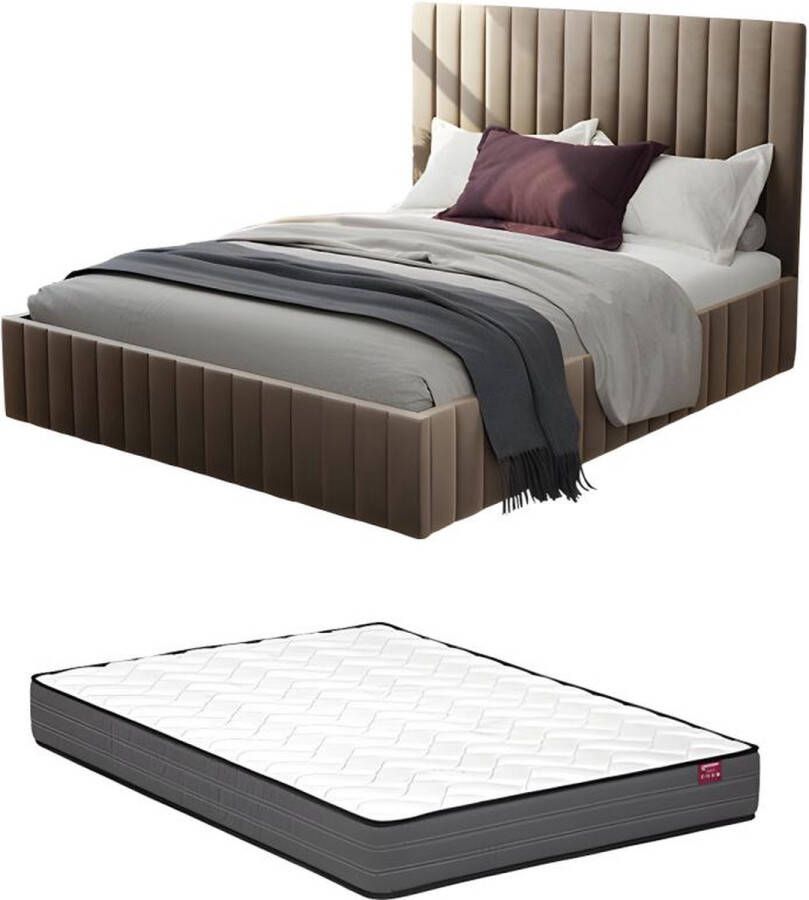Pascal Morabito Bed met opbergruimte 180 x 200 cm met hoofdbord met verticale stiksels Velours Taupegrijs + matras LARALI L 194 cm x H 120 cm x D 215 cm - Foto 2