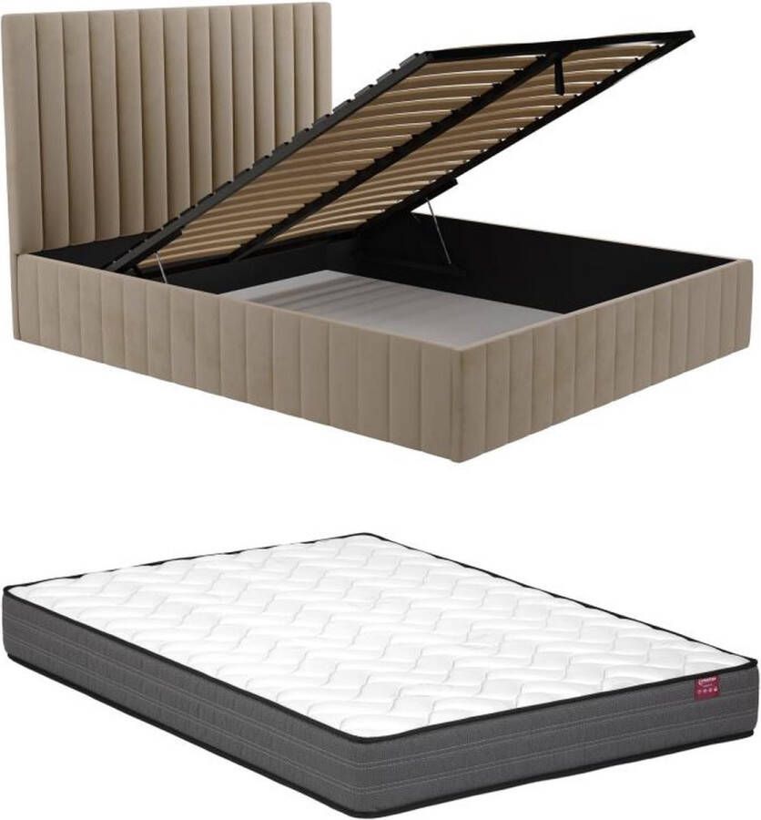 Pascal Morabito Bed met opbergruimte 180 x 200 cm met hoofdbord met verticale stiksels Velours Taupegrijs + matras LARALI L 194 cm x H 120 cm x D 215 cm