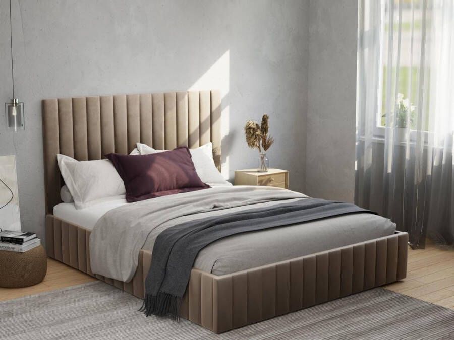 Pascal Morabito Bed met opbergruimte 180 x 200 cm met hoofdbord met verticale stiksels Velours Taupegrijs + matras LARALI L 194 cm x H 120 cm x D 215 cm - Foto 4