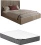 Bed met opbergruimte 180 x 200 cm met hoofdeinde met verticale stiksels Stof Beige + matras SARAH L 190 cm x H 120 cm x D 214 cm - Thumbnail 3