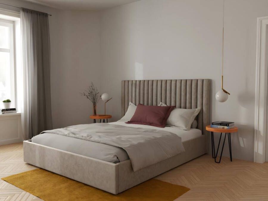 Bed met opbergruimte 180 x 200 cm met hoofdeinde met verticale stiksels Stof Beige + matras SARAH L 190 cm x H 120 cm x D 214 cm