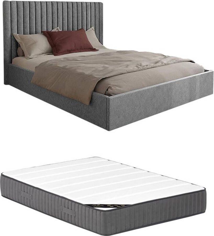 Vente-unique Bed met opbergruimte 180 x 200 cm met hoofdbord met verticale stiksels Stof Grijs + matras SARAH L 190 cm x H 120 cm x D 214 cm - Foto 2