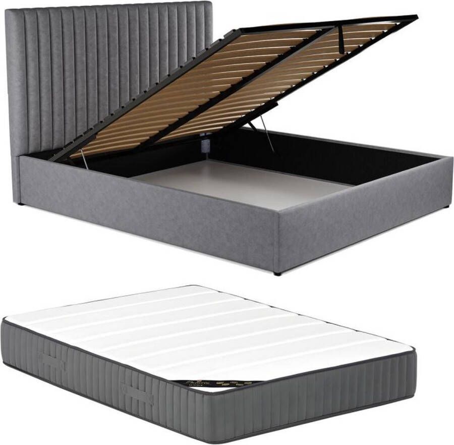 Vente-unique Bed met opbergruimte 180 x 200 cm met hoofdbord met verticale stiksels Stof Grijs + matras SARAH L 190 cm x H 120 cm x D 214 cm