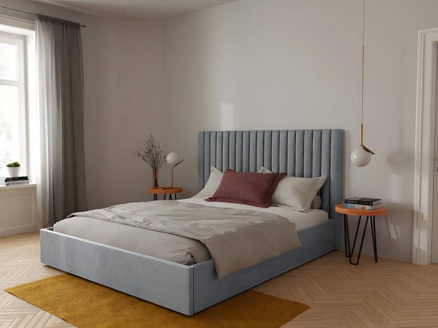 Vente-unique Bed met opbergruimte 180 x 200 cm met hoofdbord met verticale stiksels Stof Grijs + matras SARAH L 190 cm x H 120 cm x D 214 cm - Foto 3