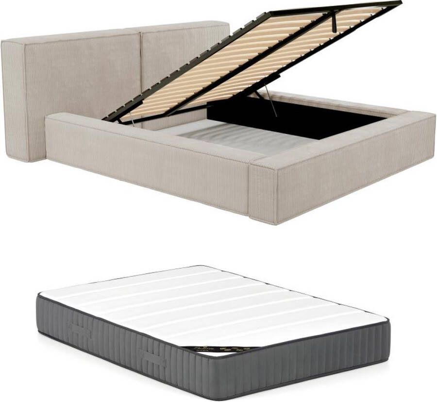 Pascal Morabito Bed met opbergruimte 180 x 200 cm Ribfluweel Beige + matras TIMANO L 246 cm x H 90 cm x D 252 cm