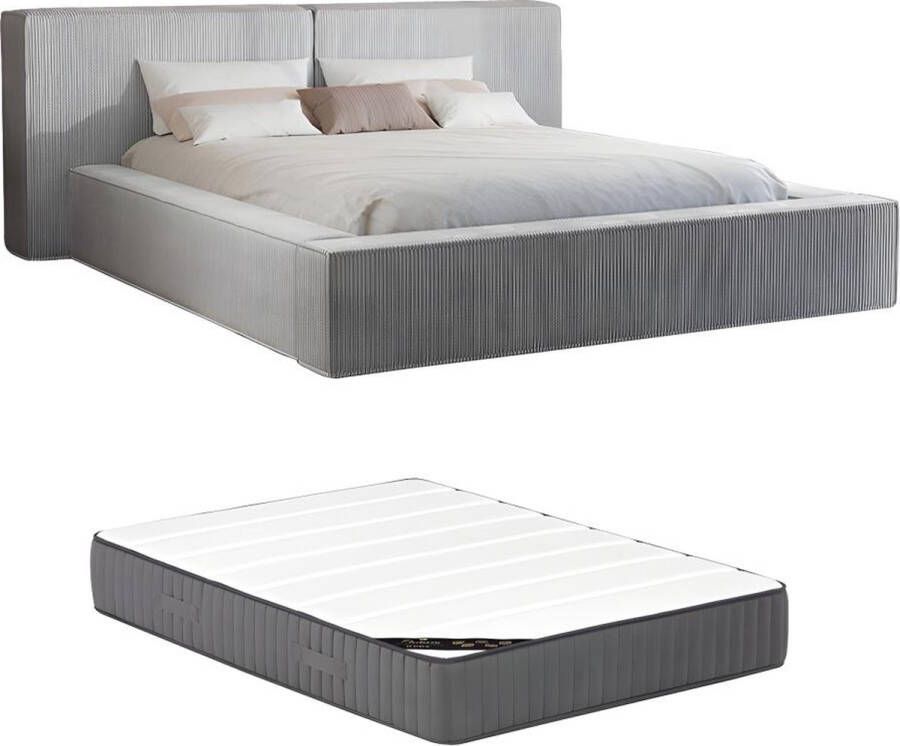 Pascal Morabito Bed met opbergruimte 180 x 200 cm Ribfluweel Lichtgrijs + matras TIMANO van L 246 cm x H 90 cm x D 252 cm