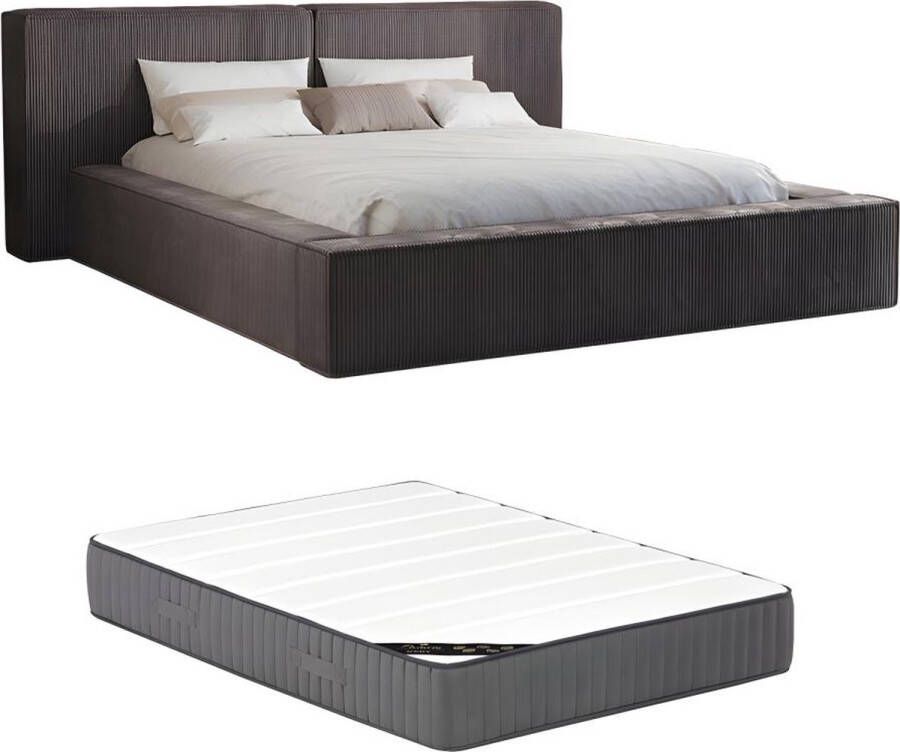 Bed met opbergruimte 180 x 200 cm Ribfluweel Taupe + matras TIMANO L 246 cm x H 90 cm x D 252 cm