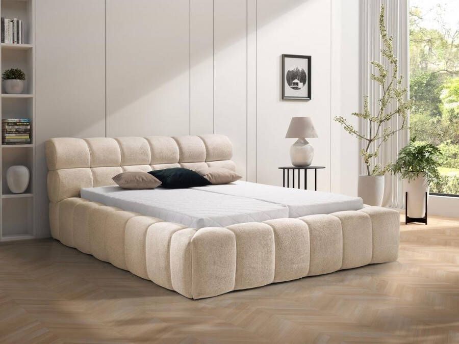 Bed met opbergruimte 180 x 200 cm Stof Beige FORVIK L 224 cm x H 95 cm x D 255 cm