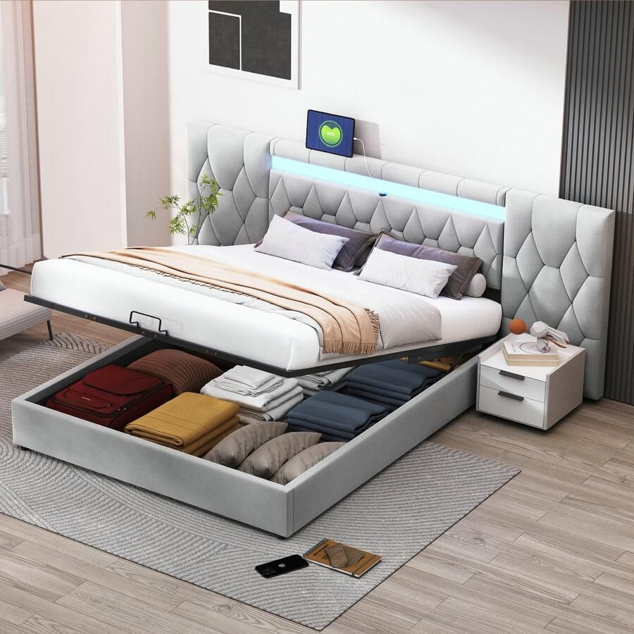 Bed met opbergruimte 180x200 cm bedframe met hoge rugleuning ledverlichting en USB-aansluiting tweepersoonsbed met lattenbodem fluweel grijs(Matras niet inbegrepen)