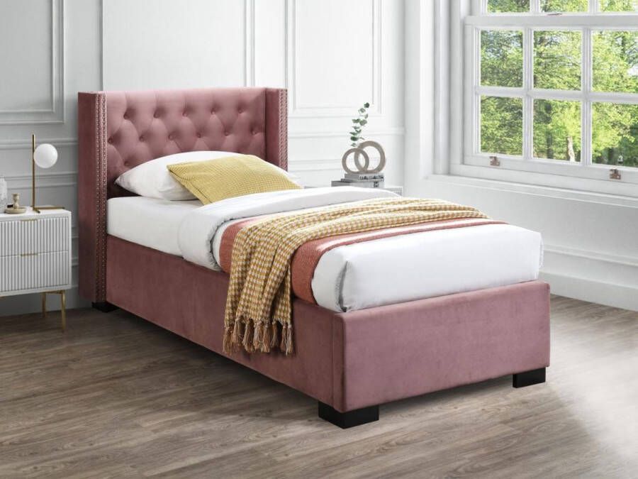 Bed met opbergruimte – 90 x 200 cm – Met gecapitonneerd hoofdbord – Fluweel – Roze – Met matras – MASSIMO L 214.5 cm x H 111 cm x D 107.5 cm - Foto 2