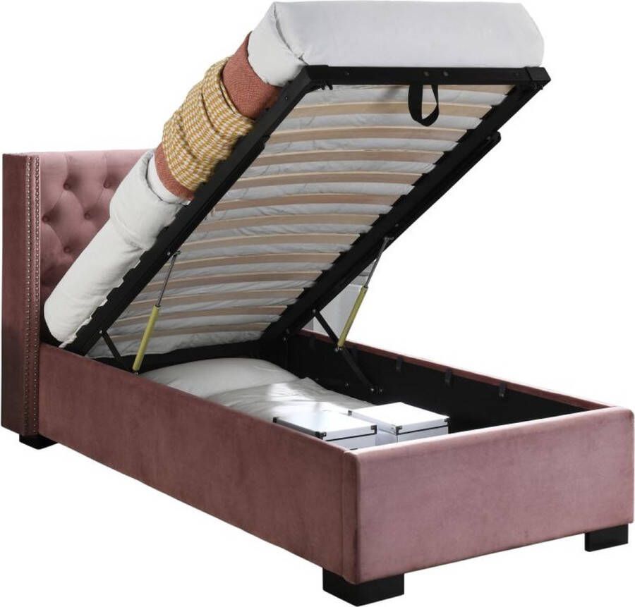Vente-unique Bed met opbergruimte – 90 x 200 cm – Met gecapitonneerd hoofdbord – Fluweel – Roze – Met matras – MASSIMO L 214.5 cm x H 111 cm x D 107.5 cm