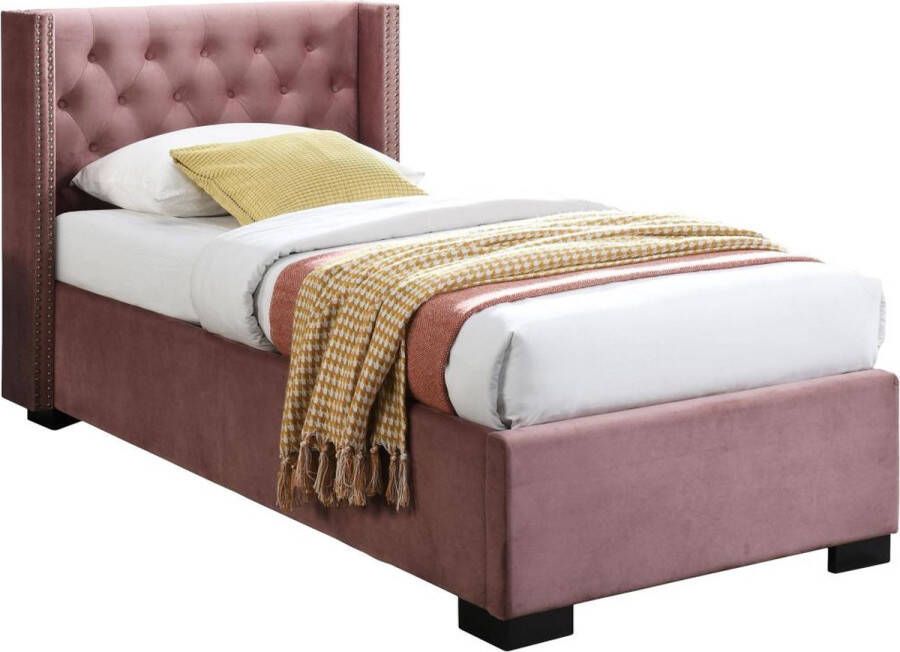 Vente-unique Bed met opbergruimte – 90 x 200 cm – Met gecapitonneerd hoofdbord – Fluweel – Roze – Met matras – MASSIMO L 214.5 cm x H 111 cm x D 107.5 cm - Foto 2