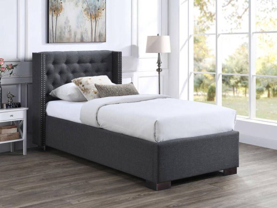 Vente-unique Bed met opbergruimte – 90 x 200 cm – Met gecapitonneerd hoofdbord – Stof – Grijs – MASSIMO L 214.5 cm x H 111 cm x D 107.5 cm - Foto 3