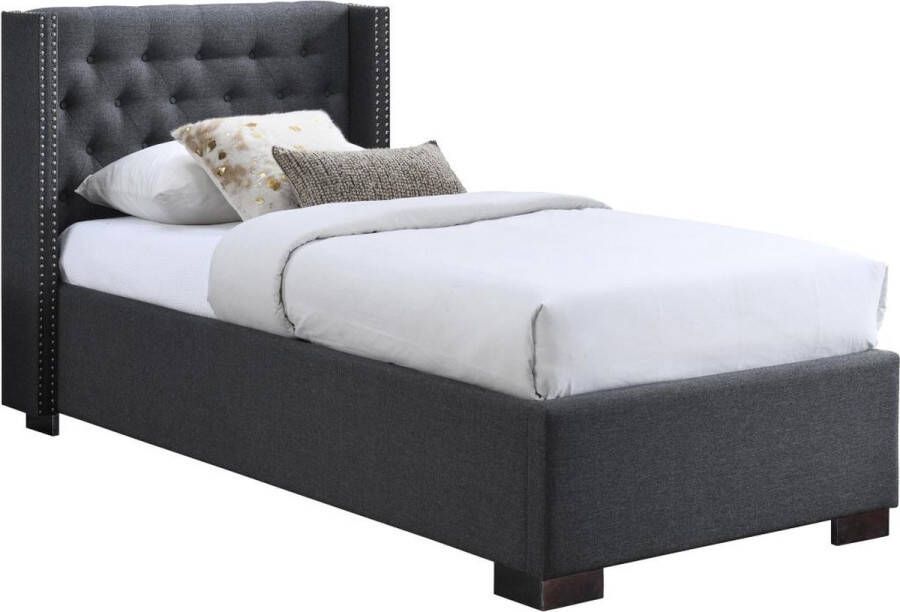 Bed met opbergruimte – 90 x 200 cm – Met gecapitonneerd hoofdbord – Stof – Grijs – MASSIMO L 214.5 cm x H 111 cm x D 107.5 cm - Foto 1