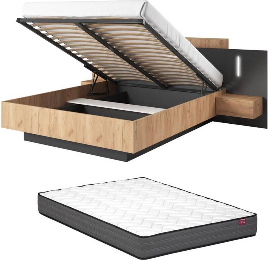 Vente-unique Bed met opbergruimte en nachtkastjes – 140 x 190 cm – 2 lades – Met ledverlichting – Kleuren: houteffect en antraciet – Met matras – FRANCOLI L 244.4 cm x H 102 cm x D 208.2 cm