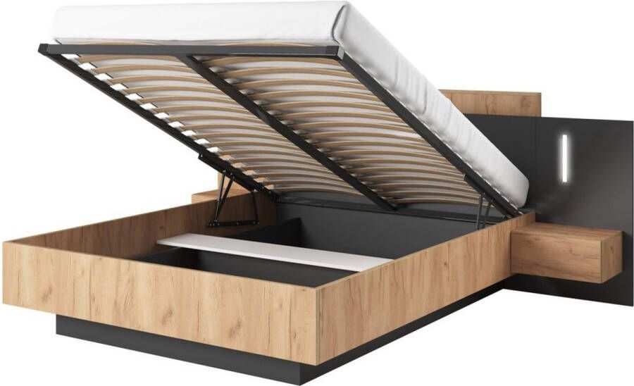 Vente-unique Bed met opbergruimte en nachtkastjes – 140 x 190 cm – 2 lades – Met ledverlichting – Kleuren: houteffect en antraciet – FRANCOLI L 244.4 cm x H 102 cm x D 208.2 cm