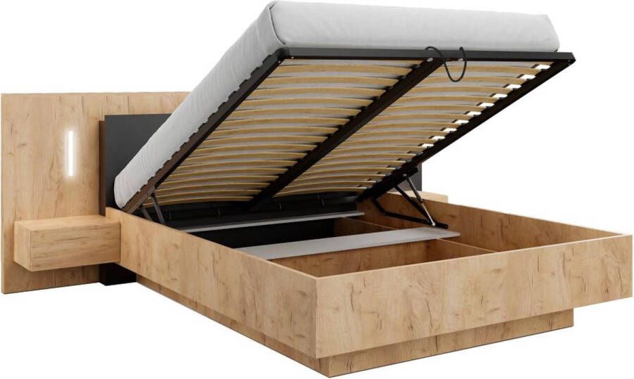 Bed met opbergruimte en nachtkastjes – 160 x 200 cm – 2 lades – Ledverlichting – Kleuren: houtlook en antraciet – FRANCOLI L 264.4 cm x H 102 cm x D 218.2 cm